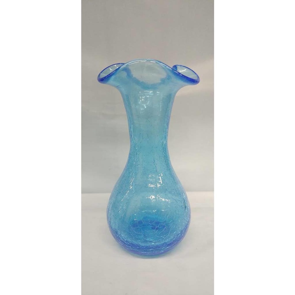 Vintage Art Glass Vase Hand Blown Blue Crackle Tri Ruffled Top Blue crackle vase